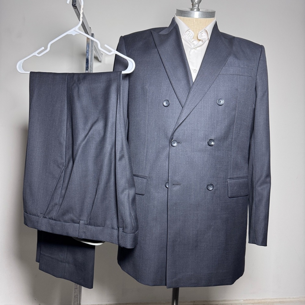 iTailor Suit Mens 46L 42x34 Charcoal Grey Solid Double Breasted Peak Lapel